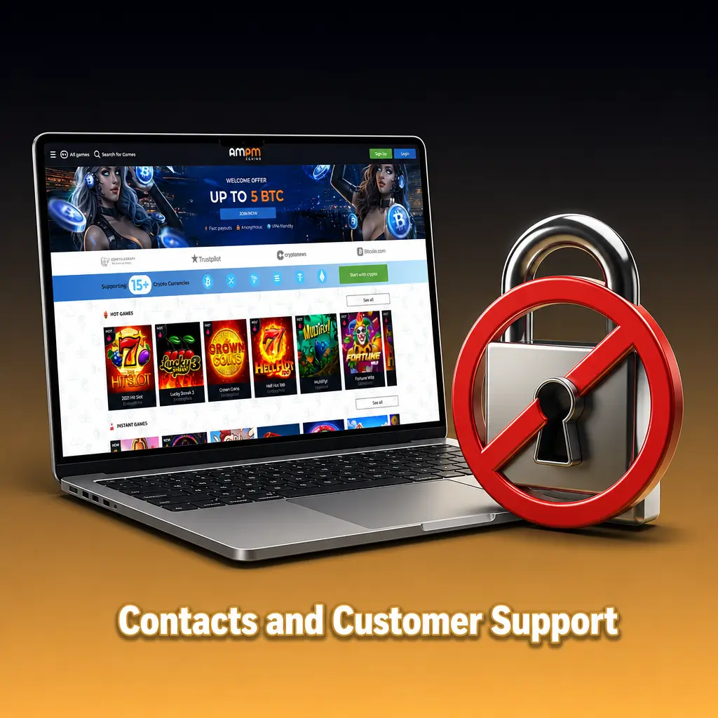 AMPM Casino customer support options: 24/7 live chat, email help, FAQ section, and responsible gambling tools for US players.