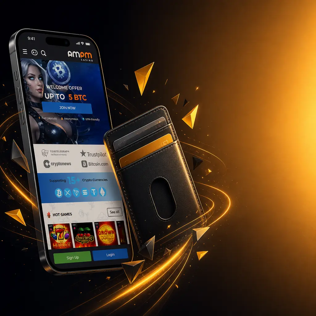 AMPM Casino app payment methods table showing USD deposits via Bitcoin, Ethereum, Litecoin, USDT, Visa, and Mastercard